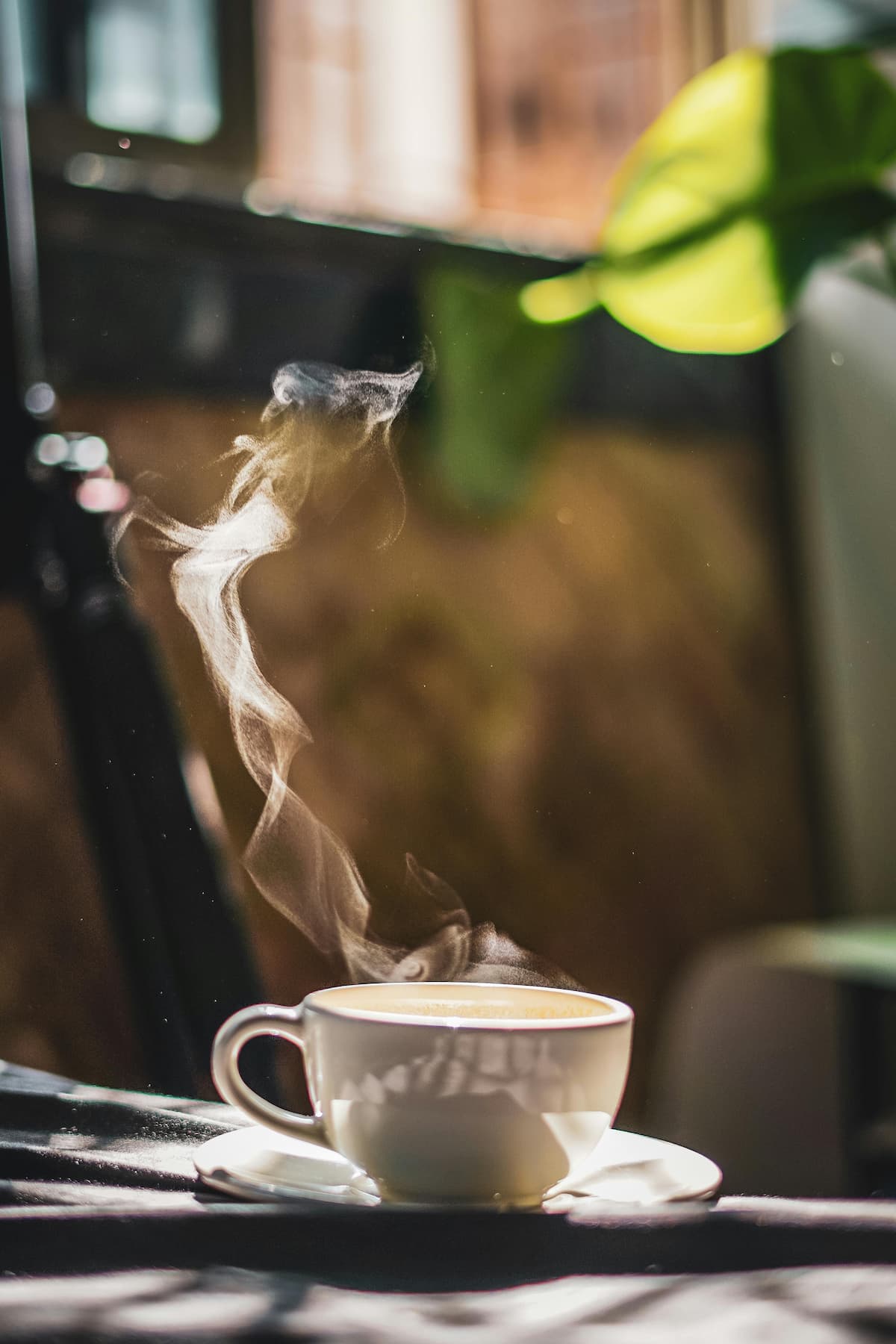 a steaming white teacup sits on a table. A plant and brown background is blurred.